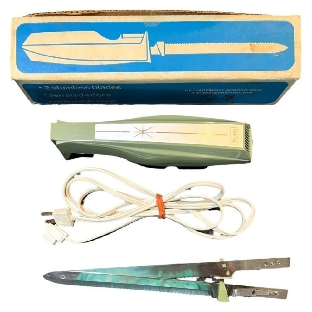 SEARS Electric Knife #9820 Made in‎ USA 1960's - Avocado Green w/ Box [VINTAGE]